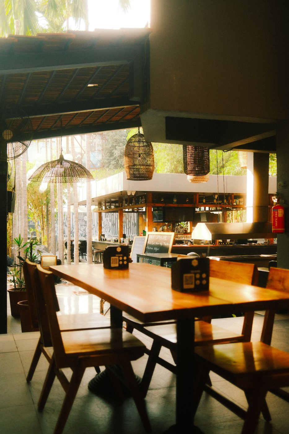 Warm modern restaurant dining room